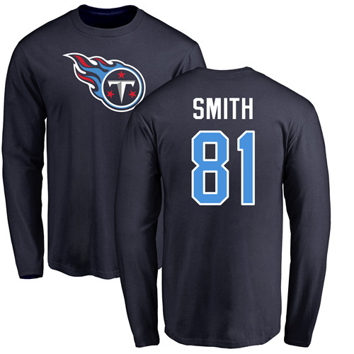Tennessee Titans Men Navy Blue Jonnu Smith Name and Number Logo NFL Football 81 Long Sleeve T Shirt